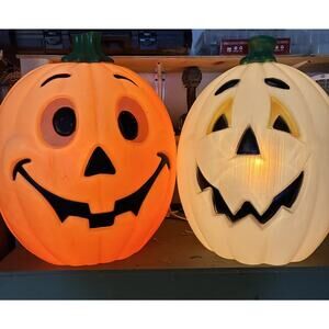 VTG Halloween Jack o Lantern (2) Light Up Blow Mold 80s 90s Pumpkin 24” Lot Of 2
